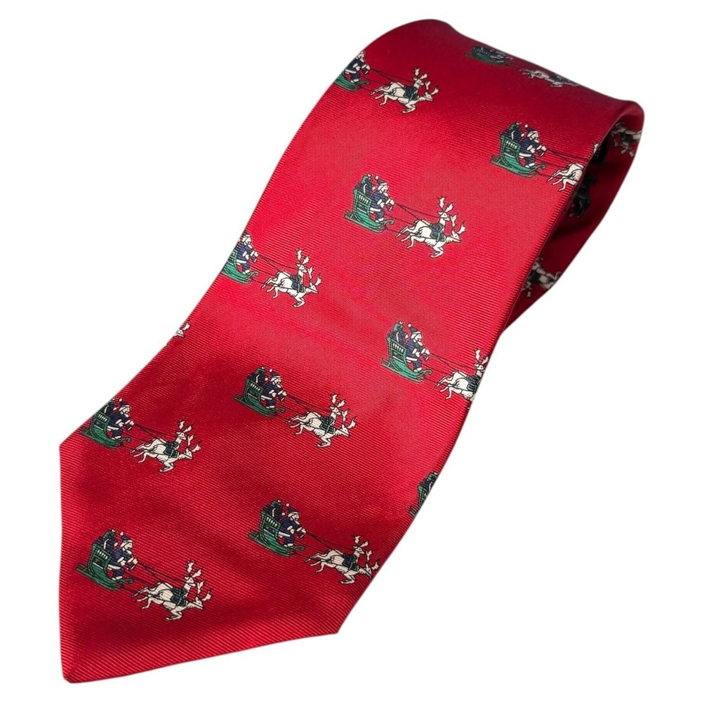 vintage Lanvin Paris Necktie Red Santa Claus Reindeer Christmas Holiday Mens